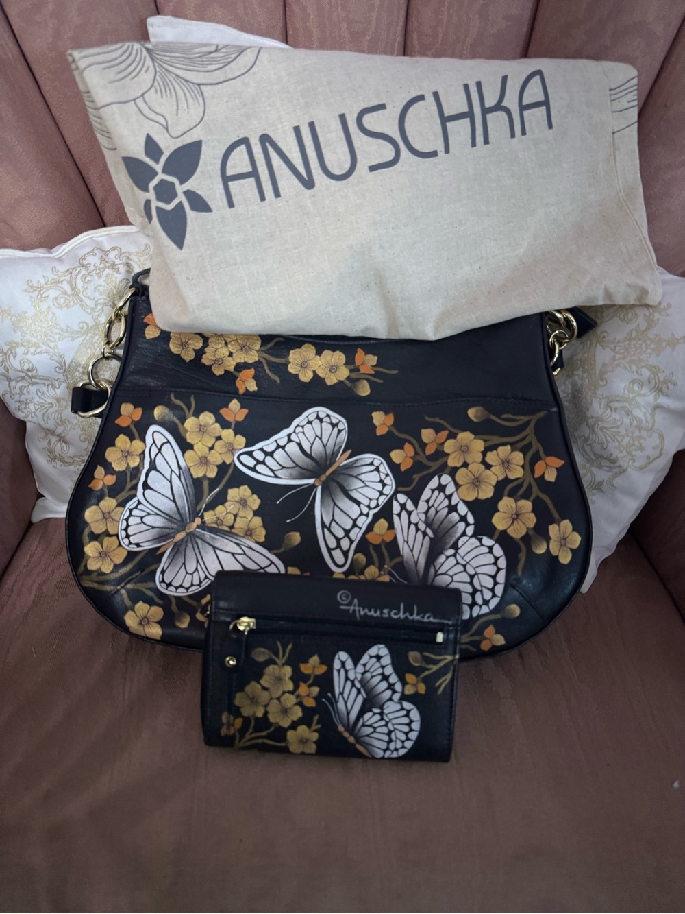 Anuschka Black Hand-Painted Butterfly & Floral Shoulder Bag with Matching Wallet
